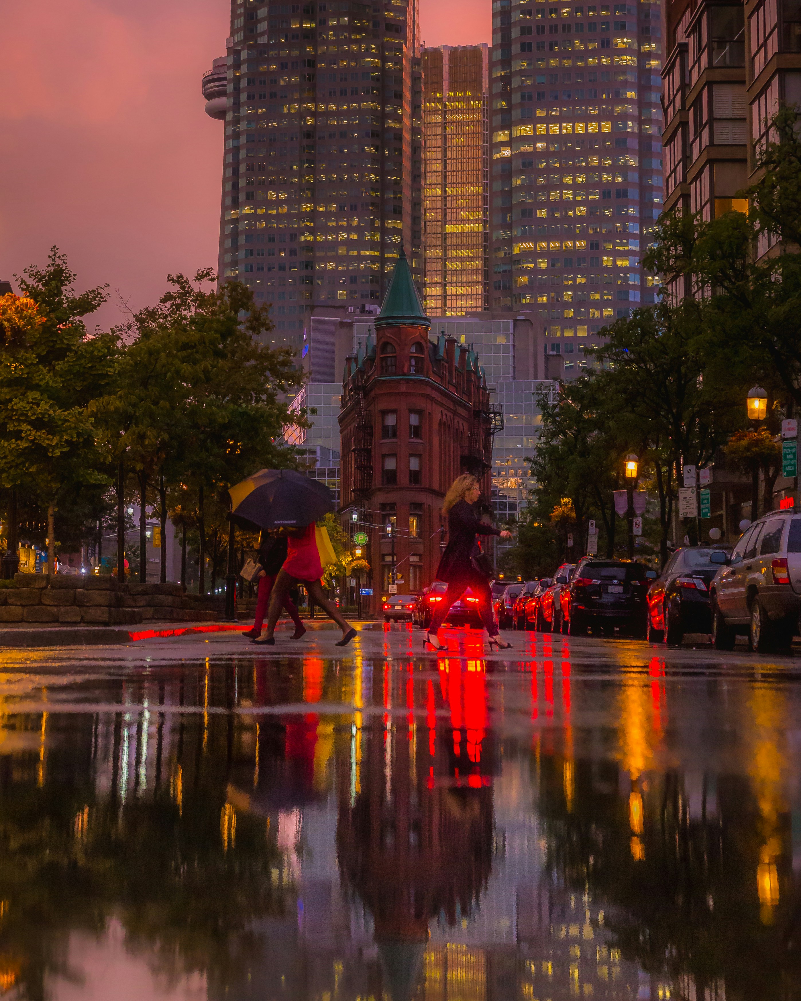 Rainy downtown street in the morning