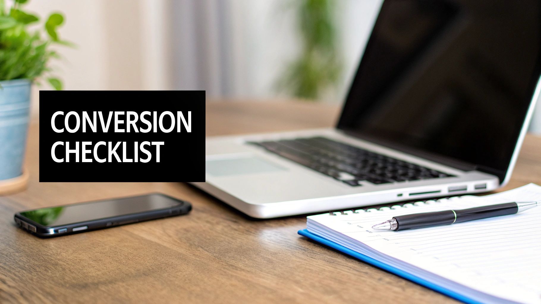 A workspace with a laptop, smartphone, and a notebook featuring a 'CONVERSION CHECKLIST' on a black box.