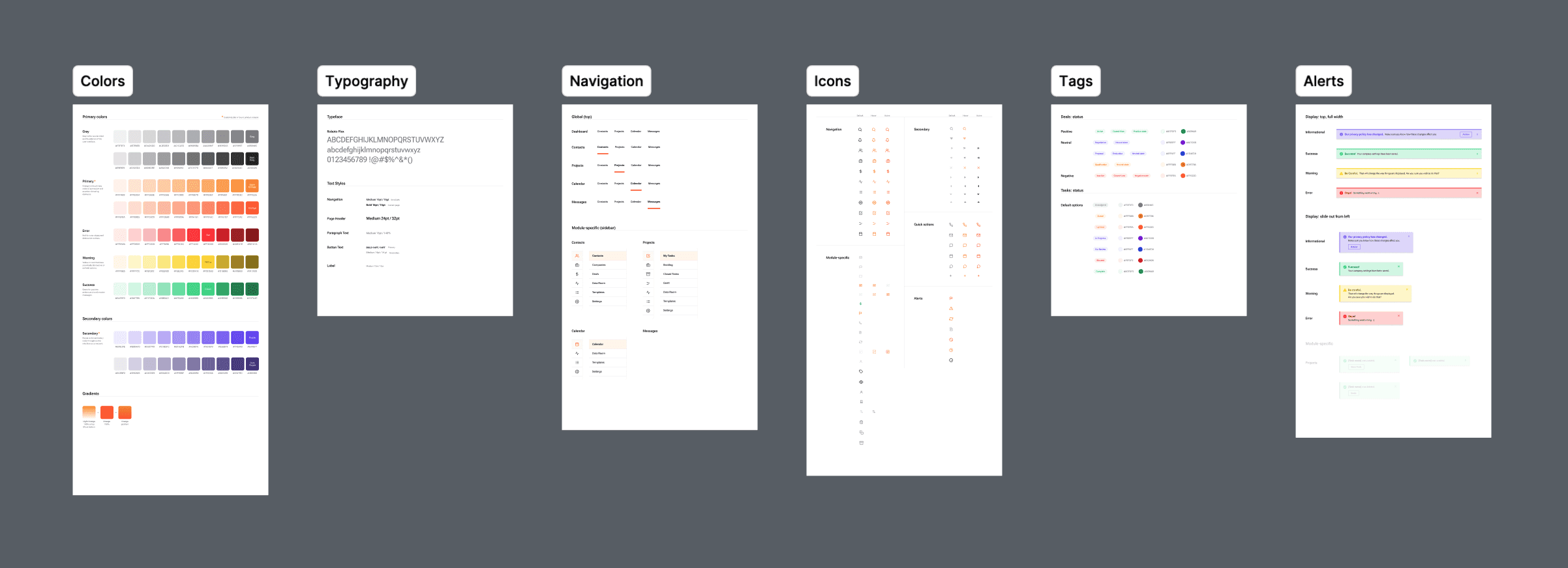 A digital design system overview displays sections for colors, typography, navigation, icons, tags, and alerts on a gray background.