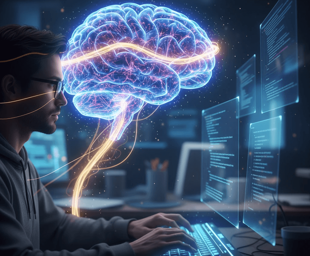 Person at computer with glowing holographic brain visualization and digital interface screens