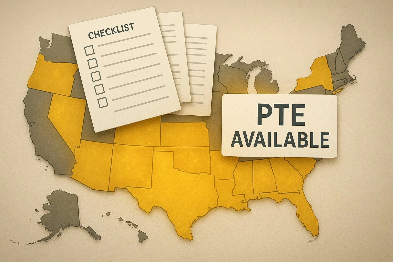 Map of the U.S. with over 30 states highlighted, some glowing to show PTE availability, with layered documents and checklists floating above.