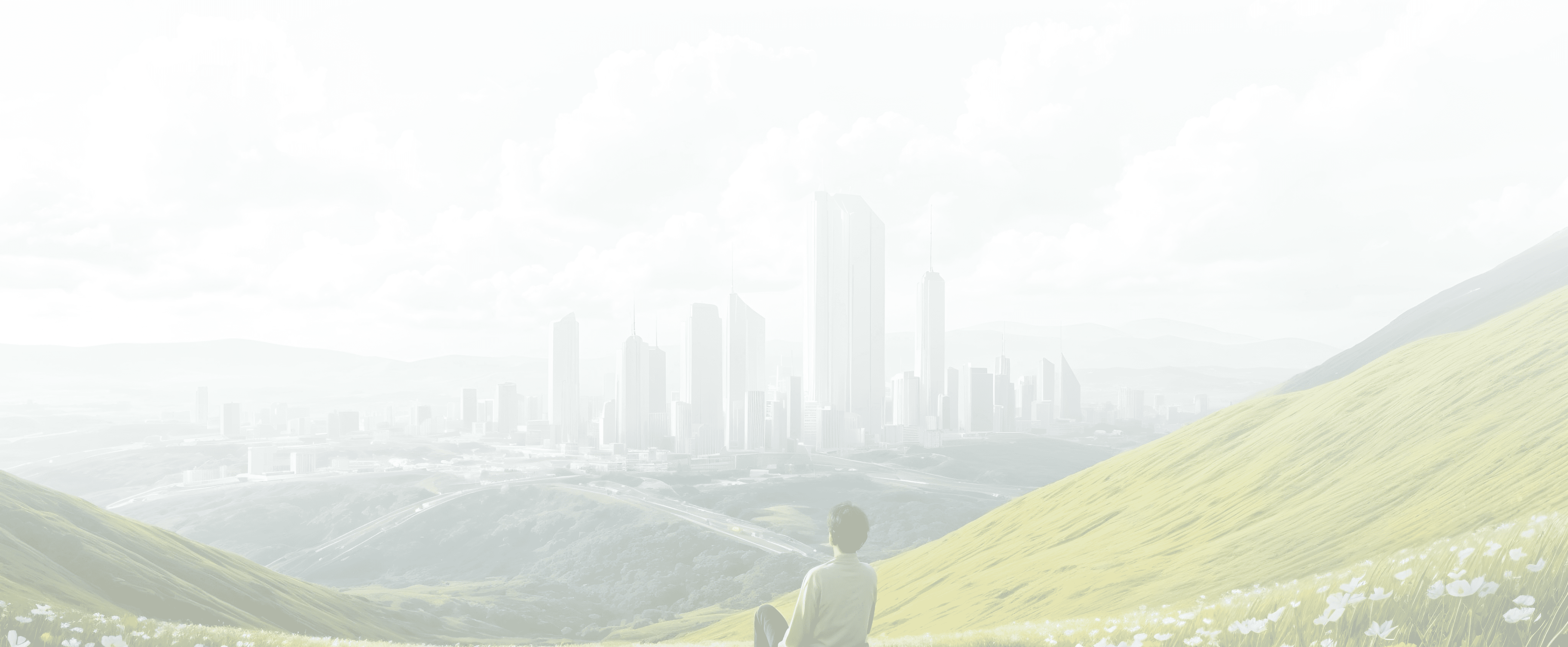 Botly interface background featuring a futuristic city skyline surrounded by green hills and a bright, cloud-filled sky.