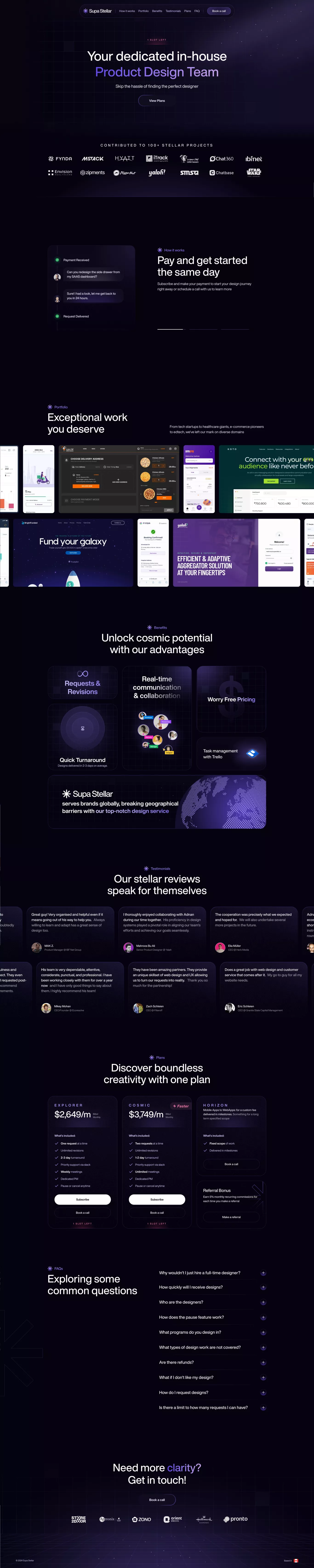 Supa Stellar landing page screenshot showcasing Design and Tech design