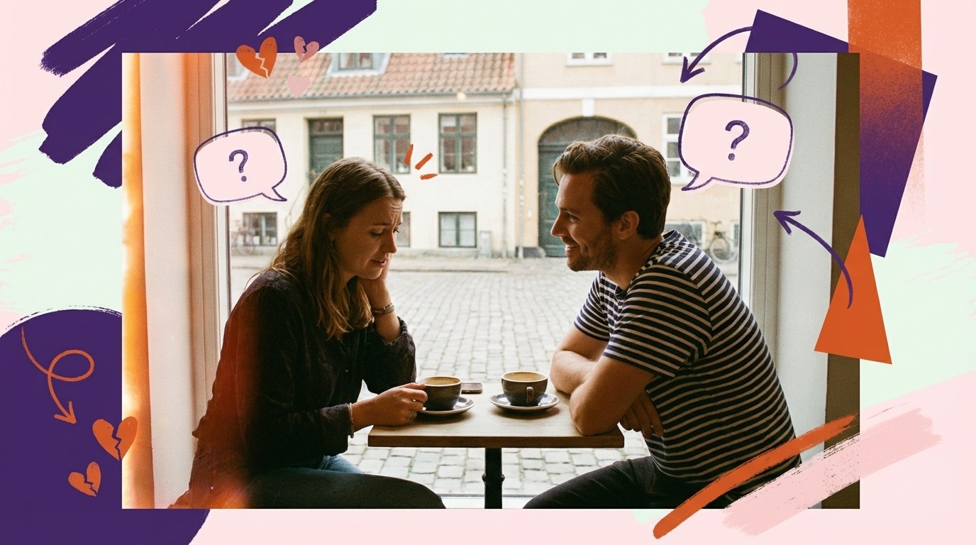 Trist kvinde og smilende mand i café drikker kaffe. Talebobler med spørgsmålstegn og brutte hjerter omkranser dem.