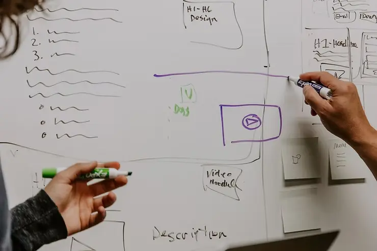 Designers mapping user experience and video content flow on a whiteboard.