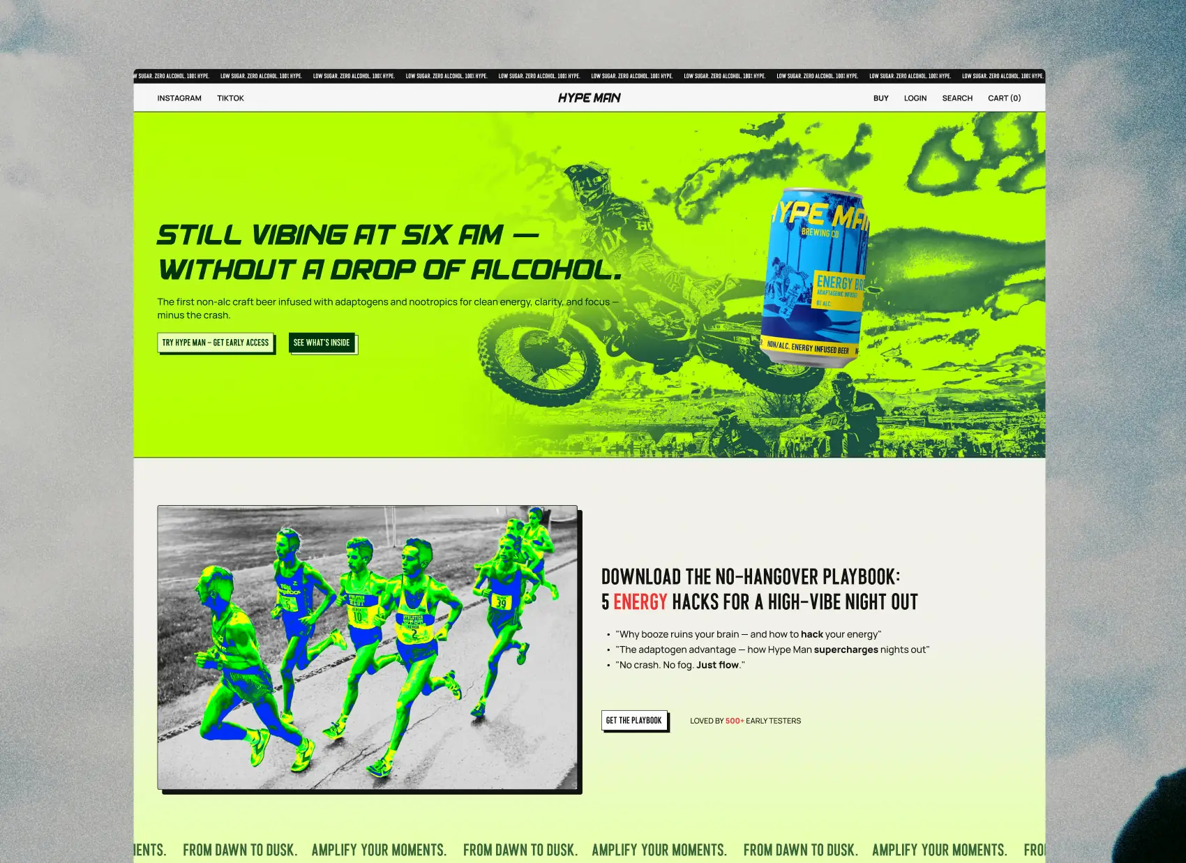 Homepage mockup for Hypeman showing the main product and neon green running visuals.
