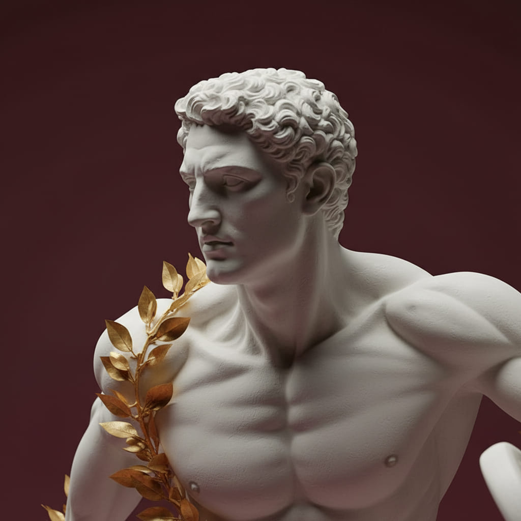 Detailed view of a marble sculpture's face and torso with a gold laurel garland.