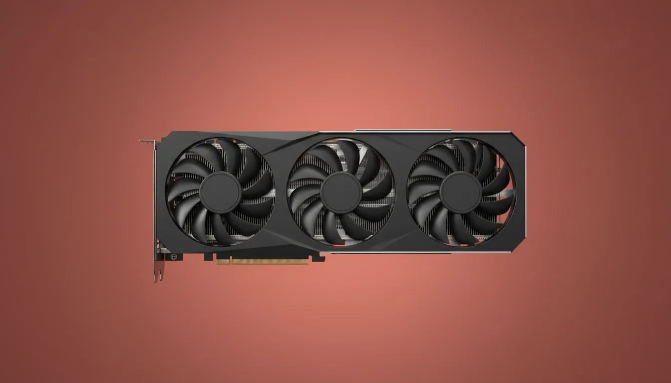 Studio product photography of a modern AMD Radeon GPU, clean side profile. The graphics card features a sleek, angular matte black shroud with three large cooling fans and visible heatsink fins. Soft studio lighting highlights the metallic and plastic textures. The GPU is perfectly centered and in sharp focus, isolated against a solid, muted terracotta red background with a subtle light gradient.