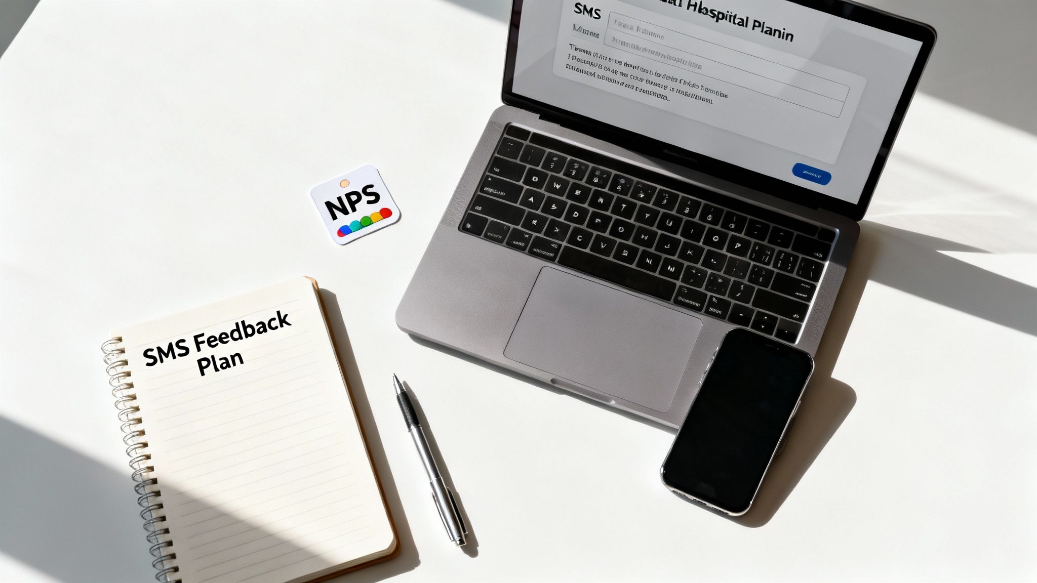 Laptop displaying SMS feedback survey for hospital planning with NPS card and planning notebook