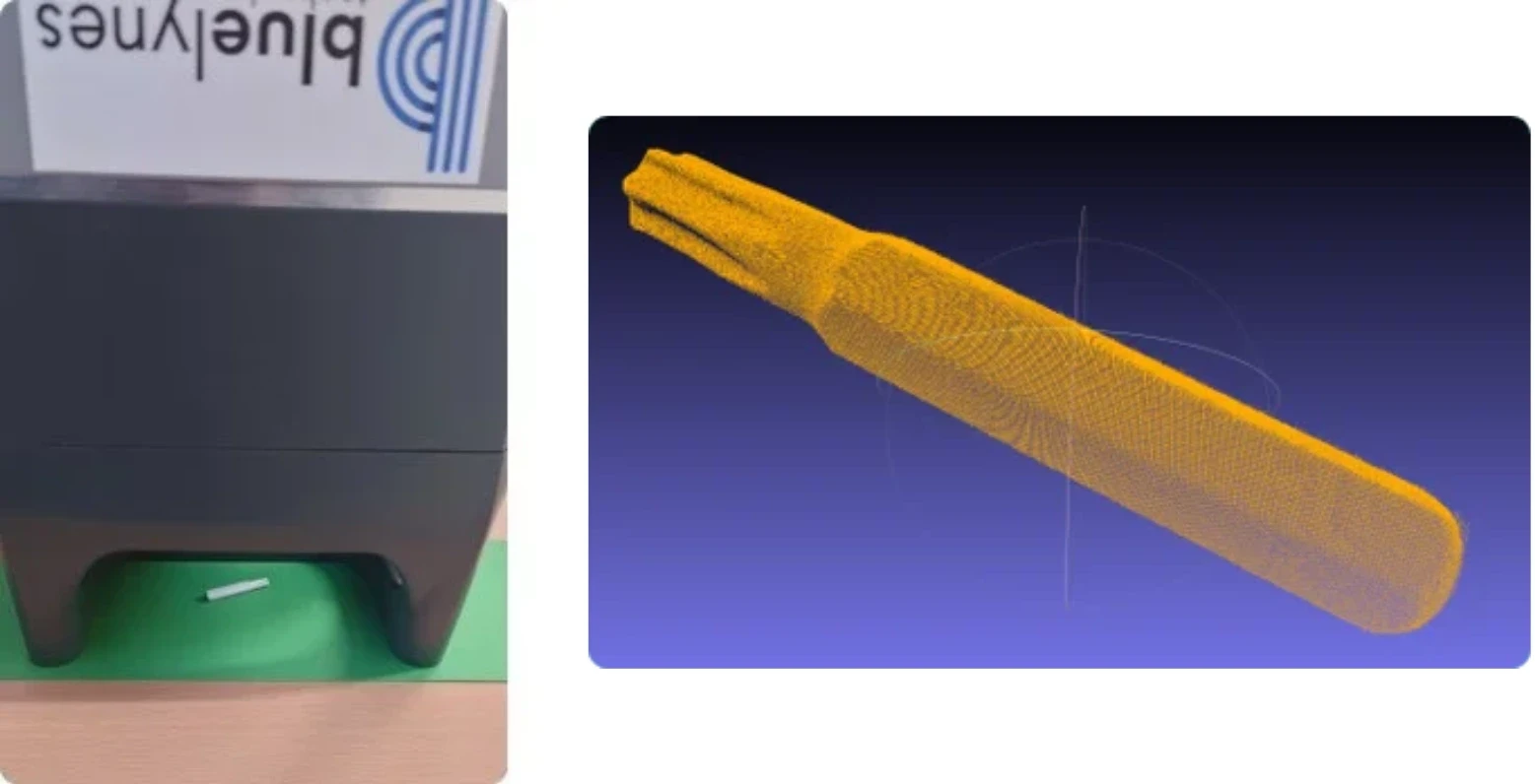 BTM1-Messaufbau mit positioniertem Werkzeug-Bit (links) und zugehöriger 3D-Punktwolke (rechts) zur flächenhaften optischen Erfassung der Werkzeuggeometrie.