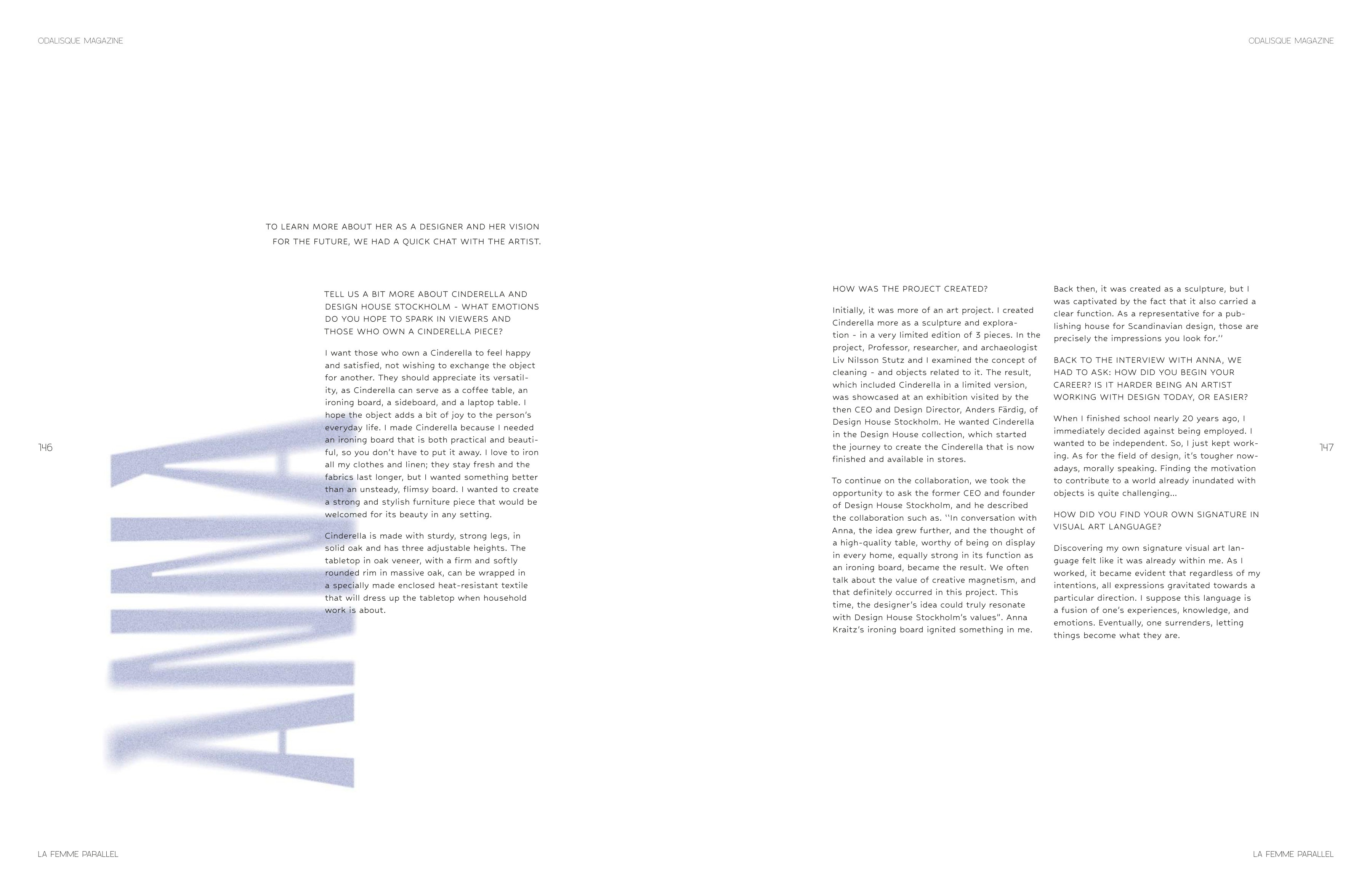 Large lavender vertical lettering punctuates a spacious interview layout.