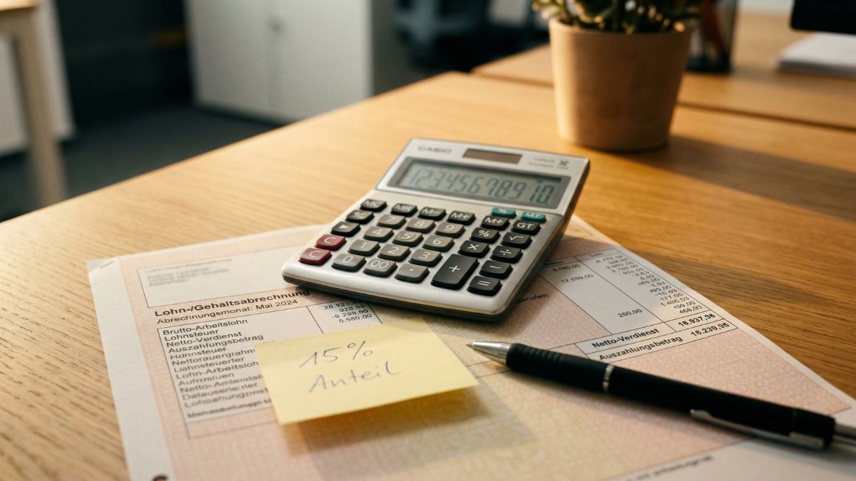 Taschenrechner und Gehaltszettel zur Berechnung des bAV-Arbeitgeberzuschusses	