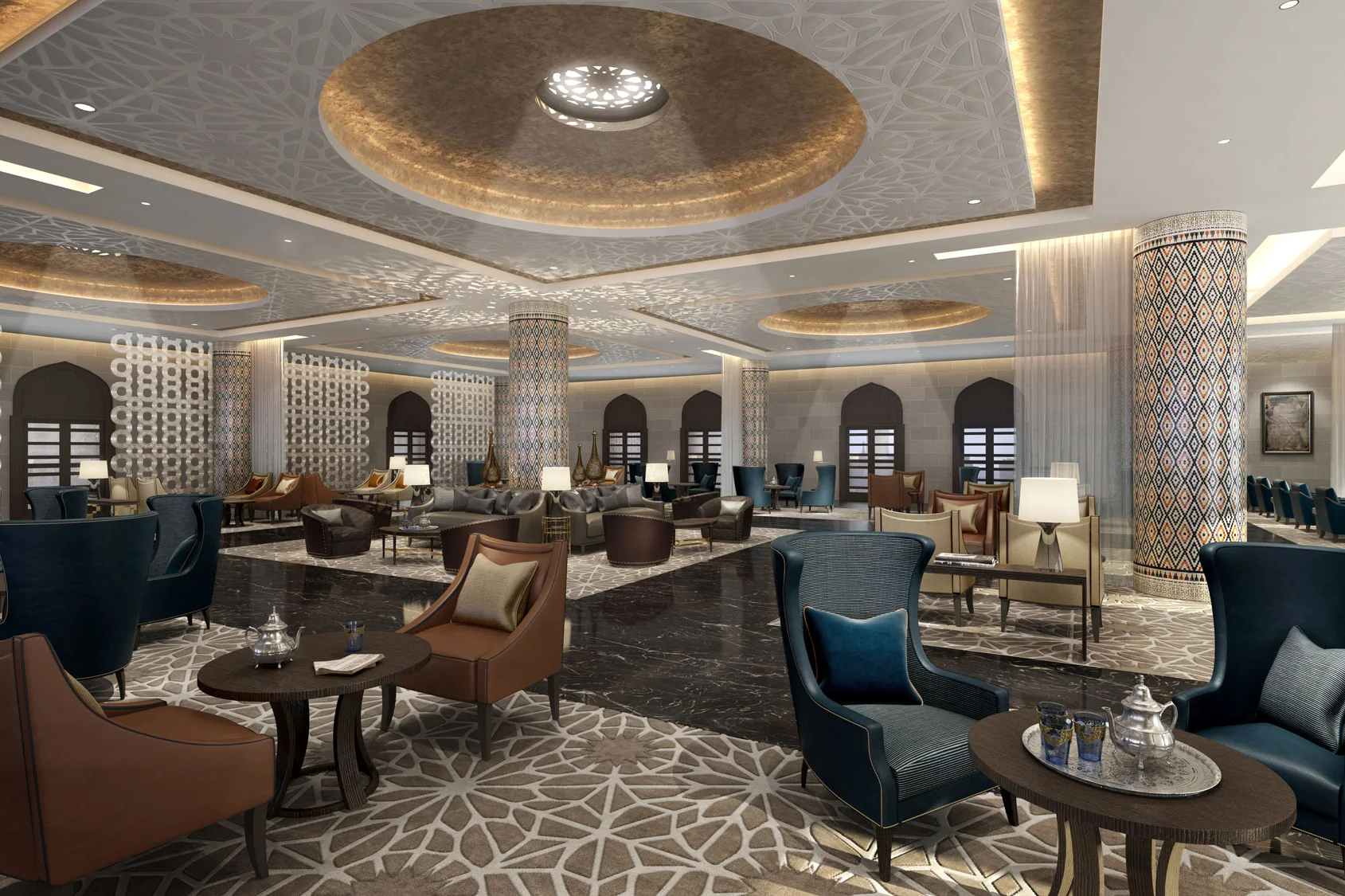 A luxurious hotel lounge featuring elegant armchairs and coffee tables on a patterned carpet, with artistic ceiling designs and softly lit columns creating an inviting ambiance.