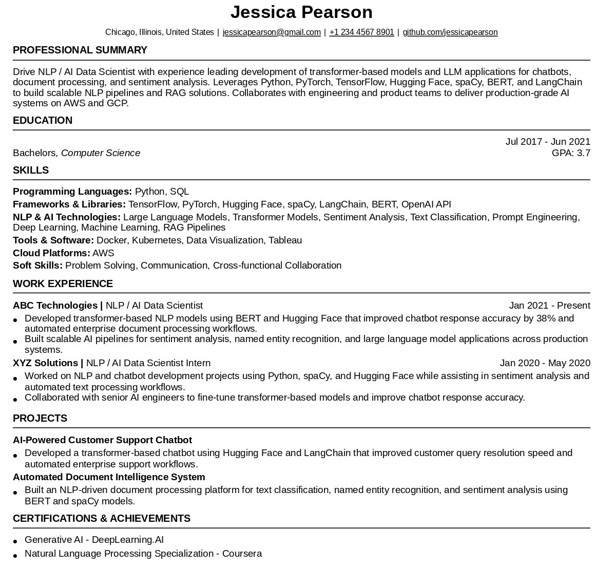 Tsenta generated resume showing skills organized into categories but missing university name and LinkedIn URL