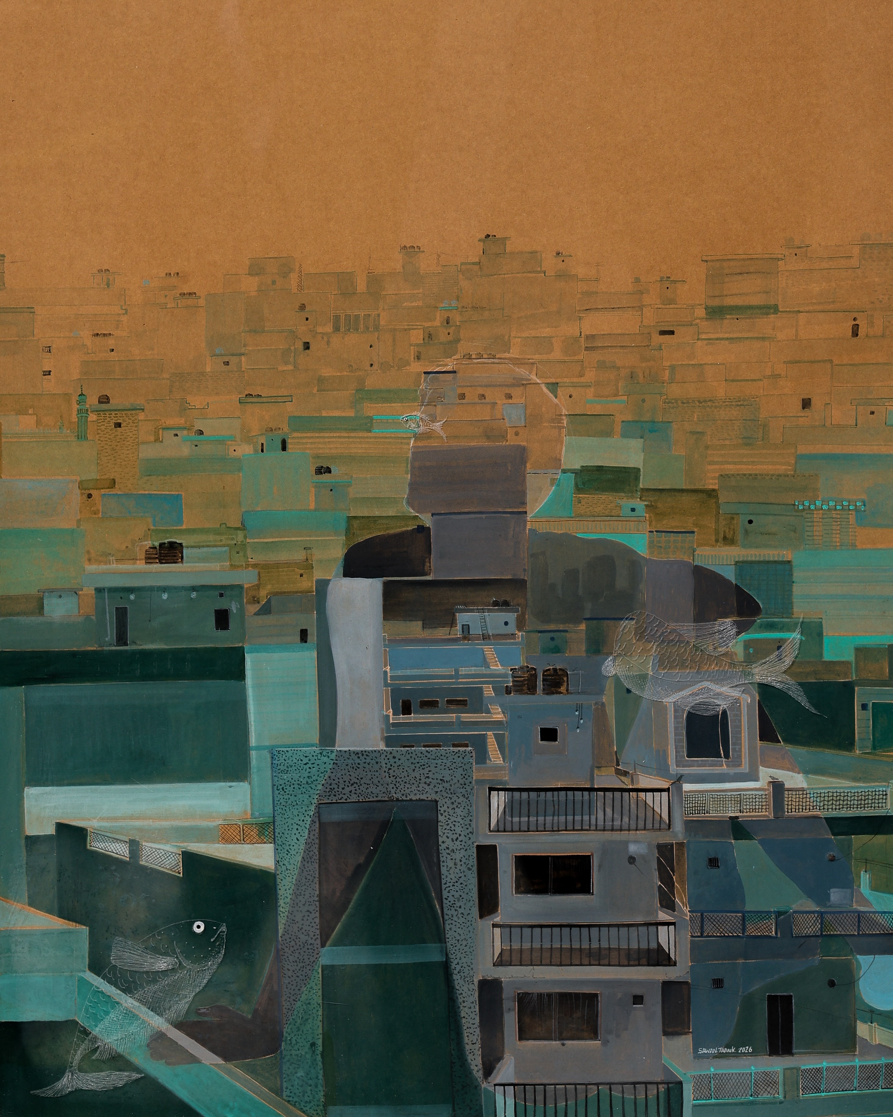 herd of sheep on road painting