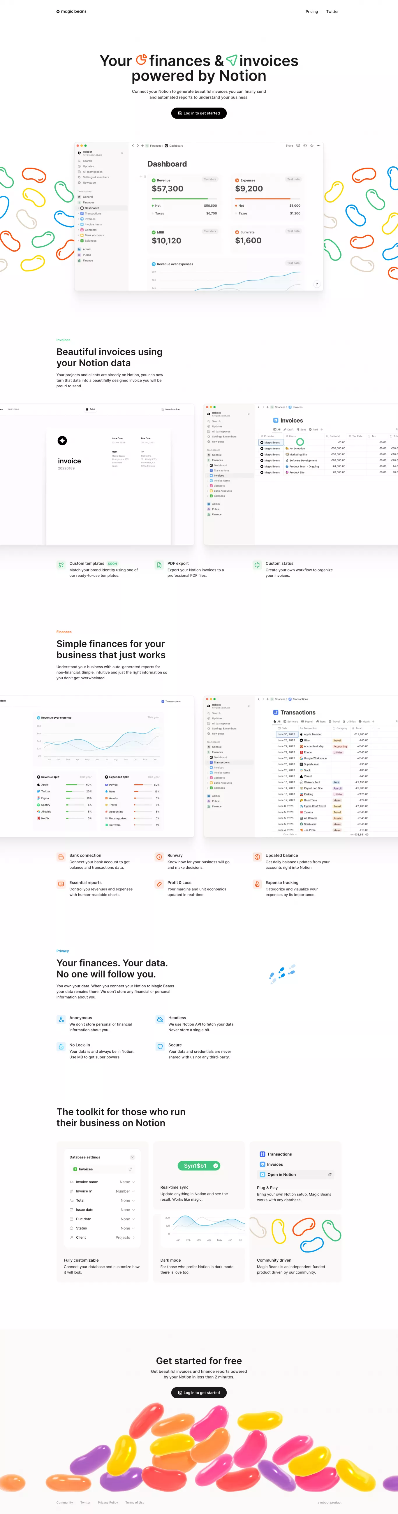 Run your startup finances from Notion - landing page screenshot showcasing Tech and Finance design