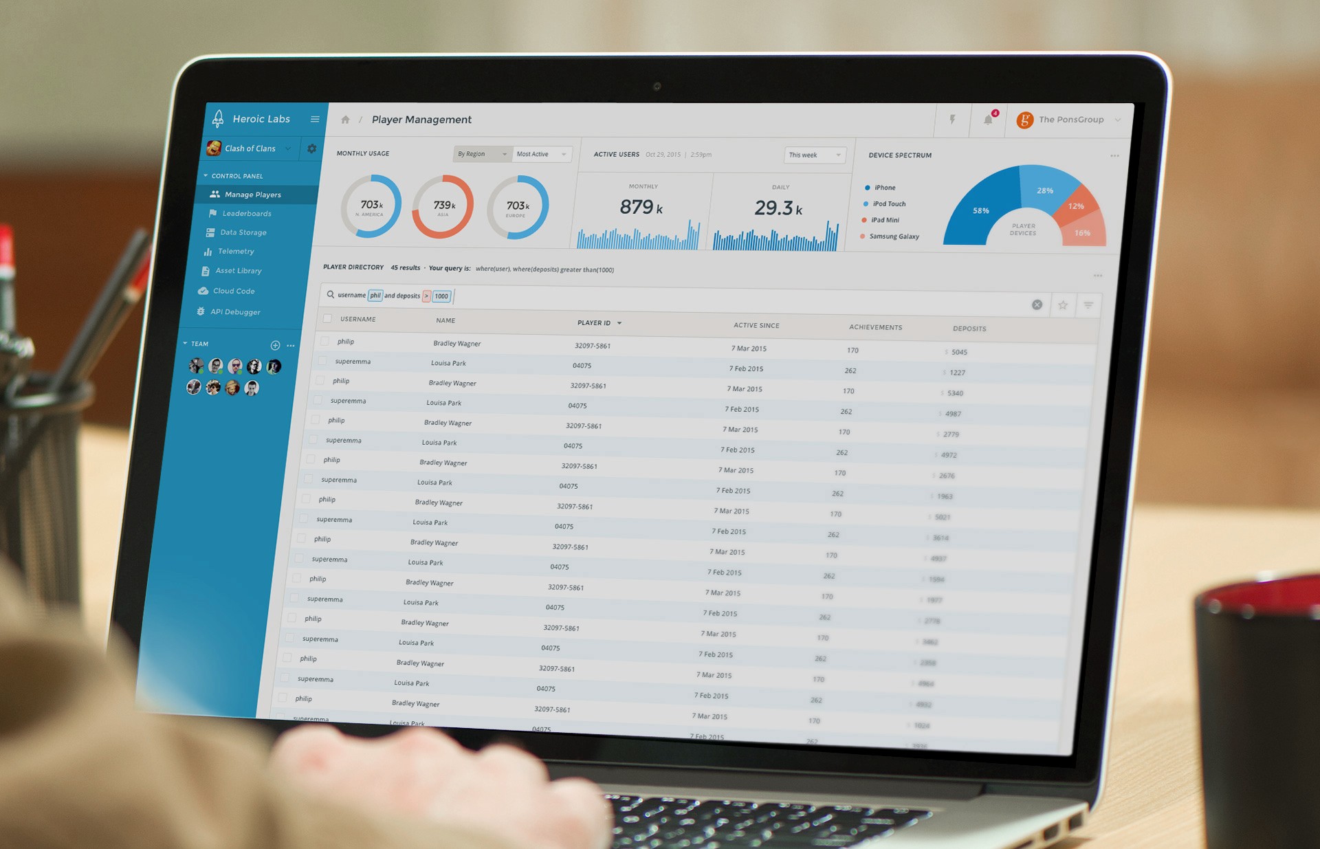 Heroic Labs Player management dashboard with data visualization and user metrics