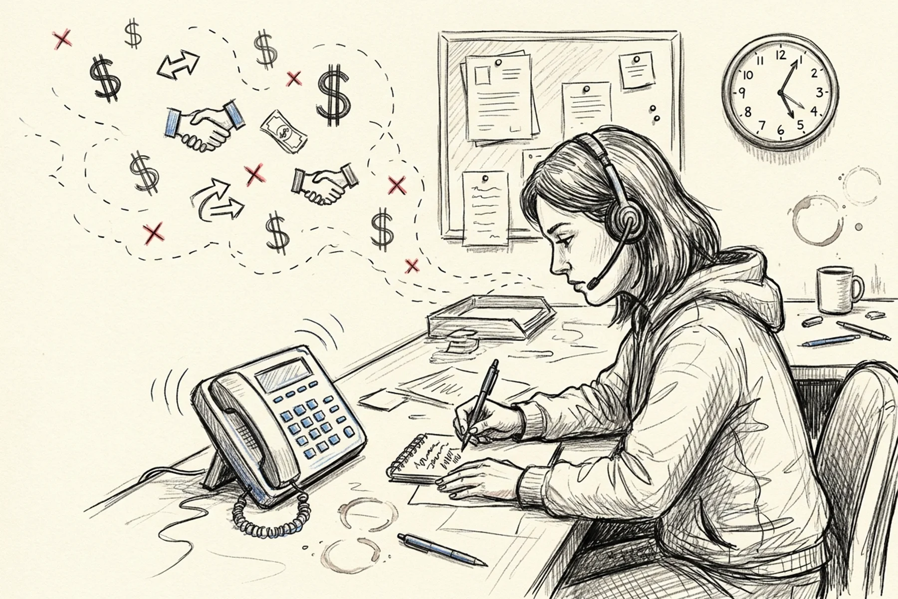 HVAC service agreement script — CSR headset with a small plant blooming from the microphone next to tidy stacks of gold coins, symbolizing recurring revenue grown from booking calls