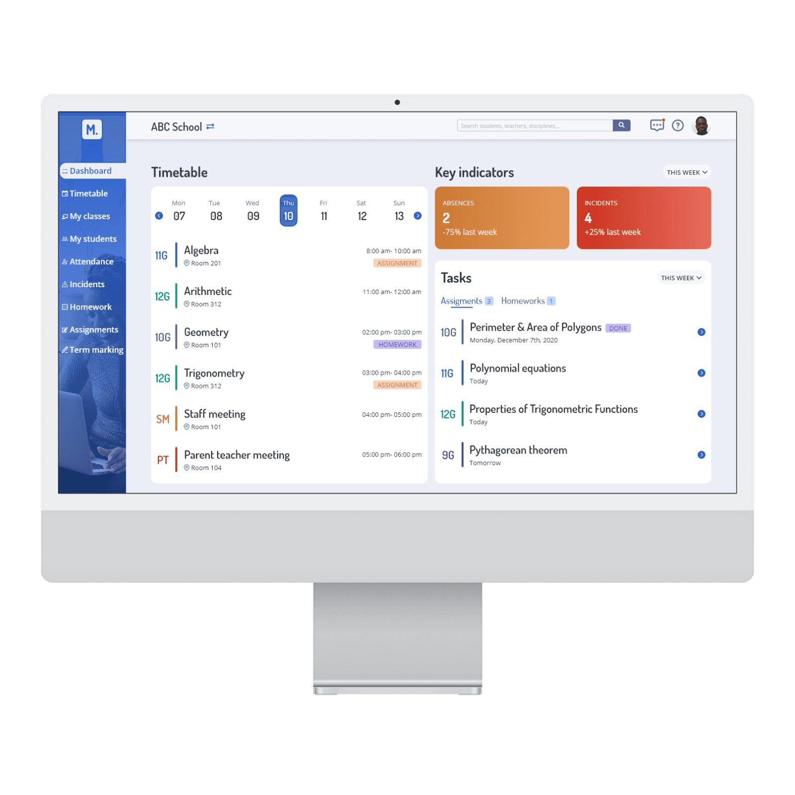 A picture of a desktop screen showing a Saas application for a dchool management system