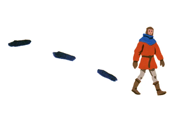 A lone traveler in a red tunic and blue scarf follows a winding trail of dark stepping stones across a vast white expanse.