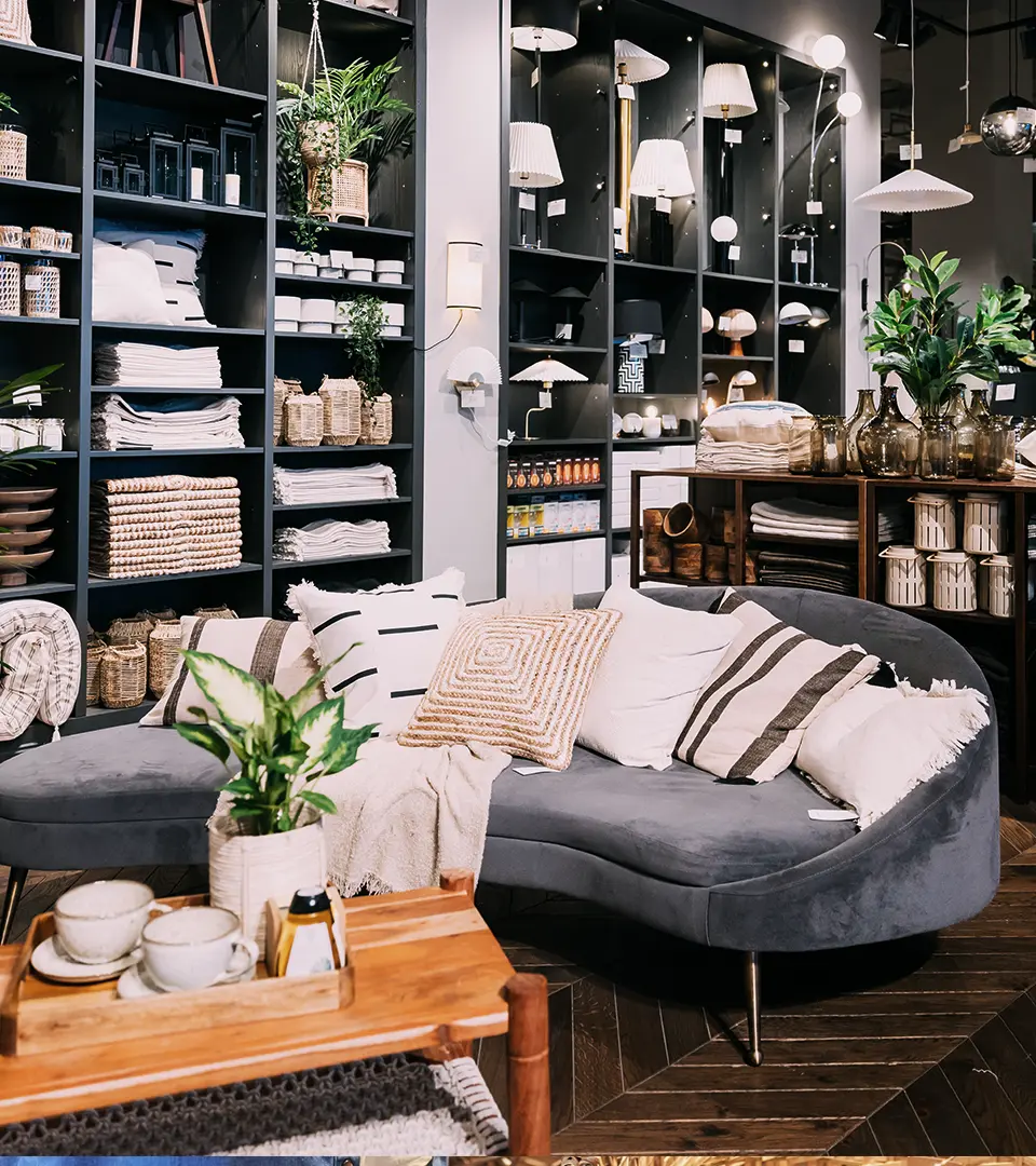 Cozy modern home decor showroom featuring a gray sofa, handmade textiles, wooden goods, woven baskets, and contemporary lighting.