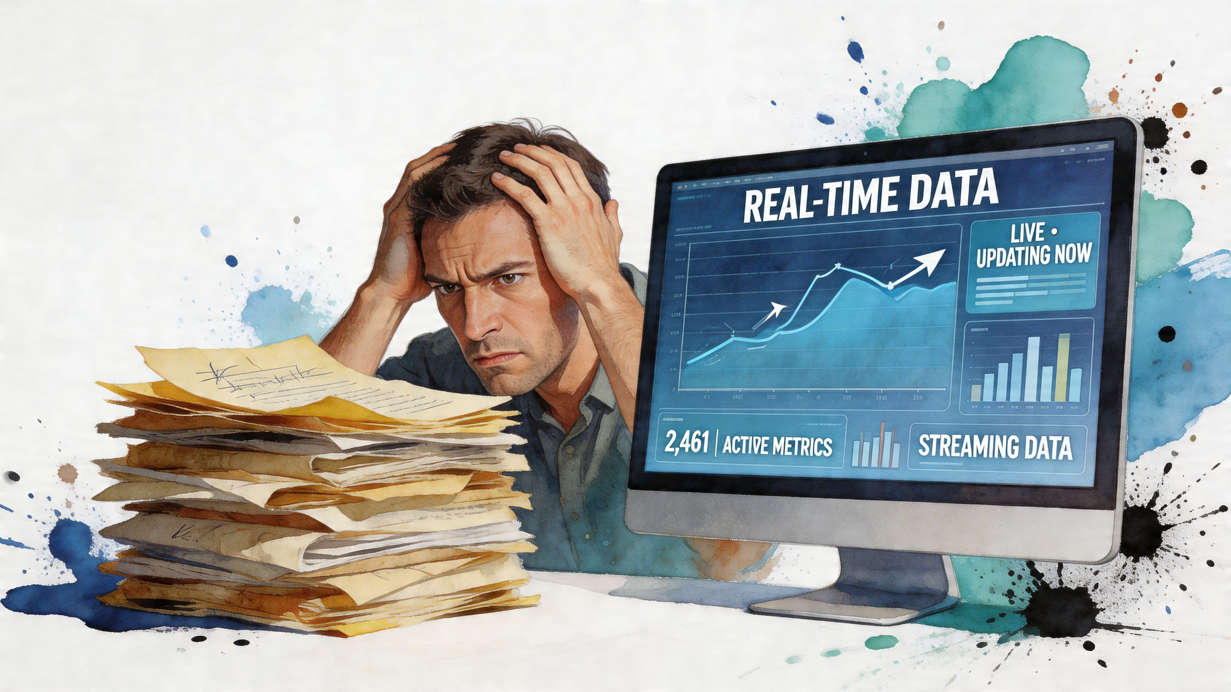 A stressed man overwhelmed by a large stack of paperwork next to a digital real-time data dashboard.