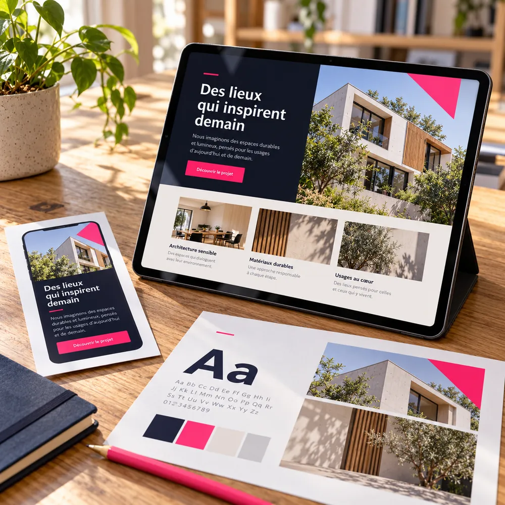 Design de landing page sur tablette, maquette mobile et choix typographiques et colorés.