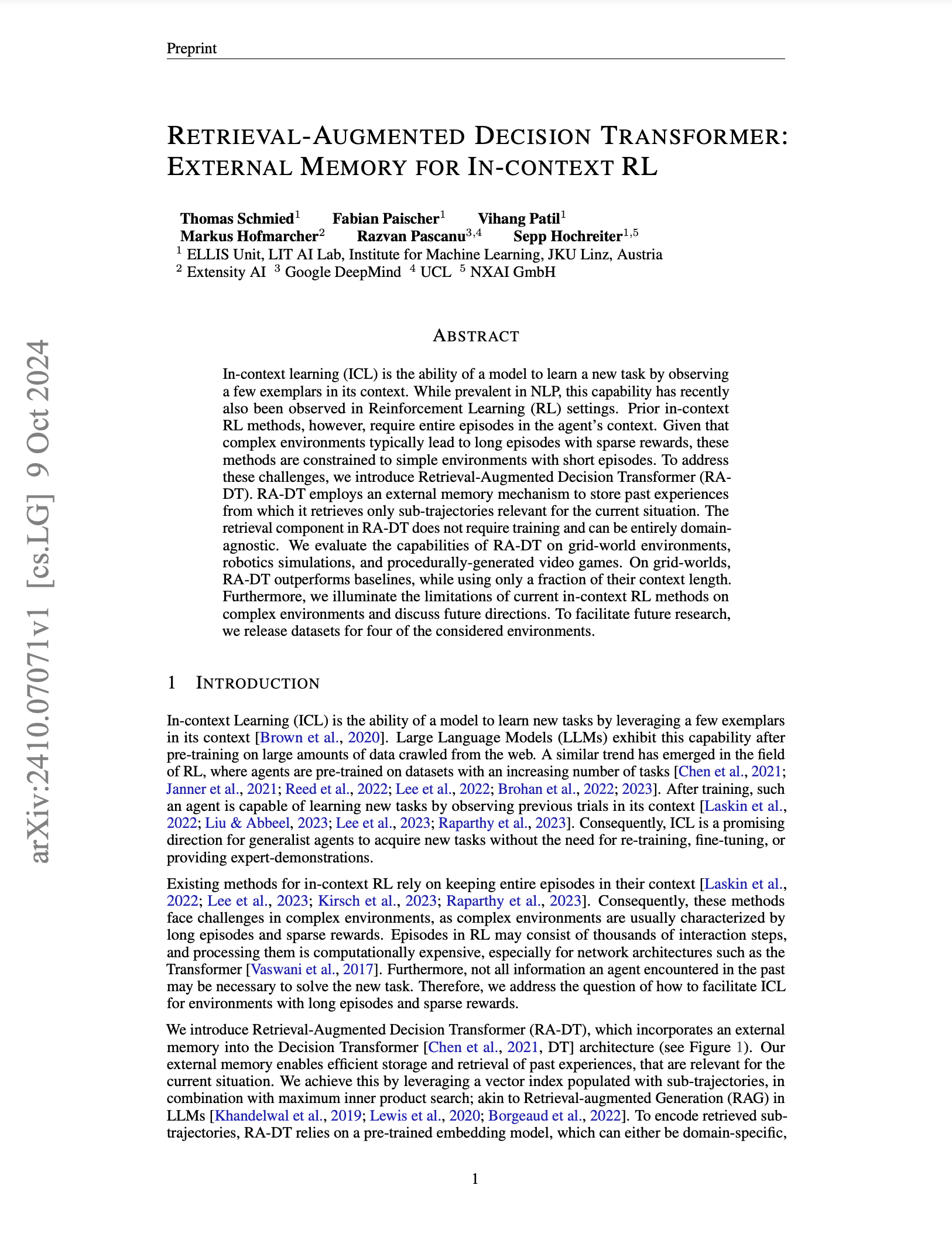 Retrieval-Augmented Decision Transformer: External Memory for In-Context RL cover