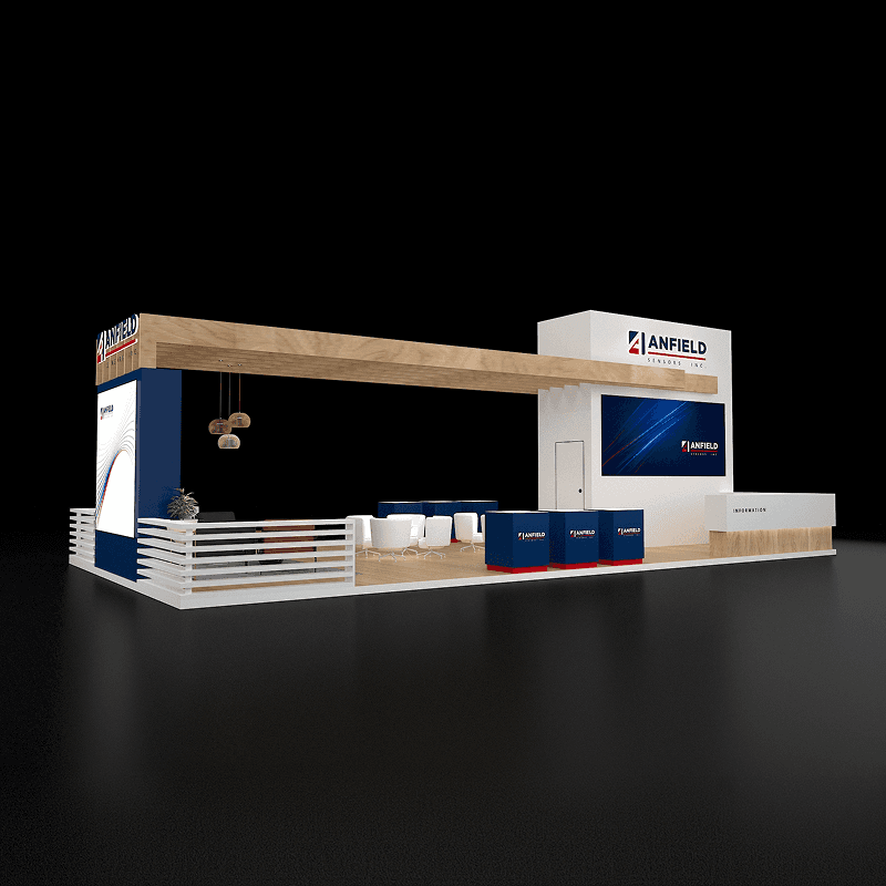 20x40 energy sensor trade show booth with technical screens and equipment showcase zones