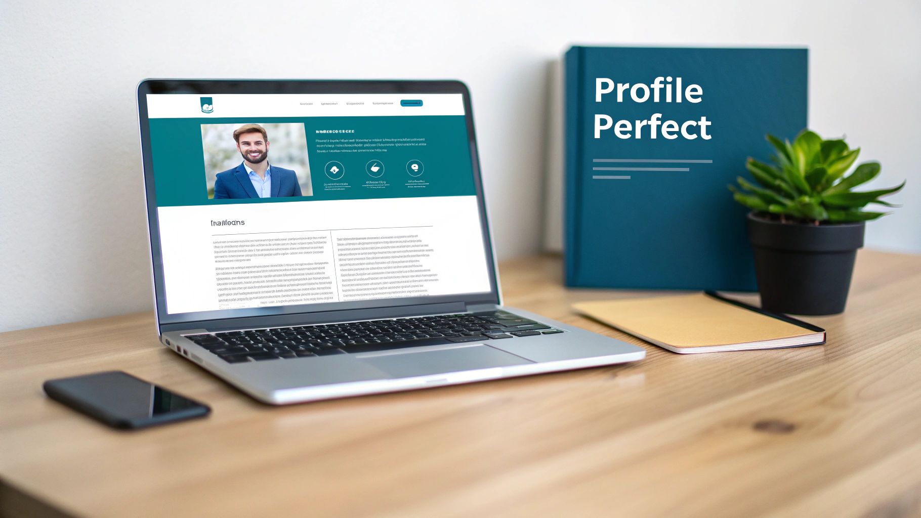 A laptop displays a man's professional online profile, likely LinkedIn, alongside a 'Profile Perfect' book, a plant, and a phone on a desk.