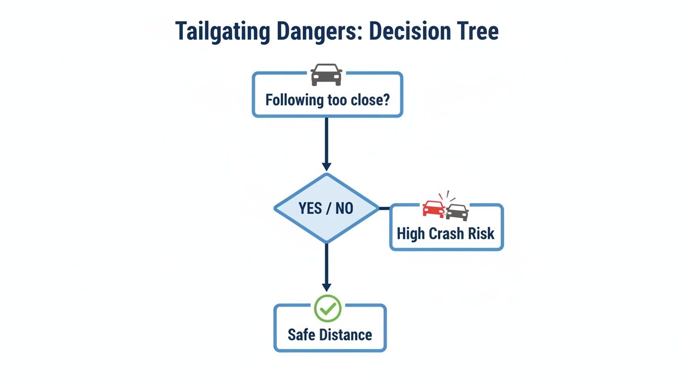 A decision tree diagram illustrating tailgating dangers, showing high crash risk or safe driving distance.