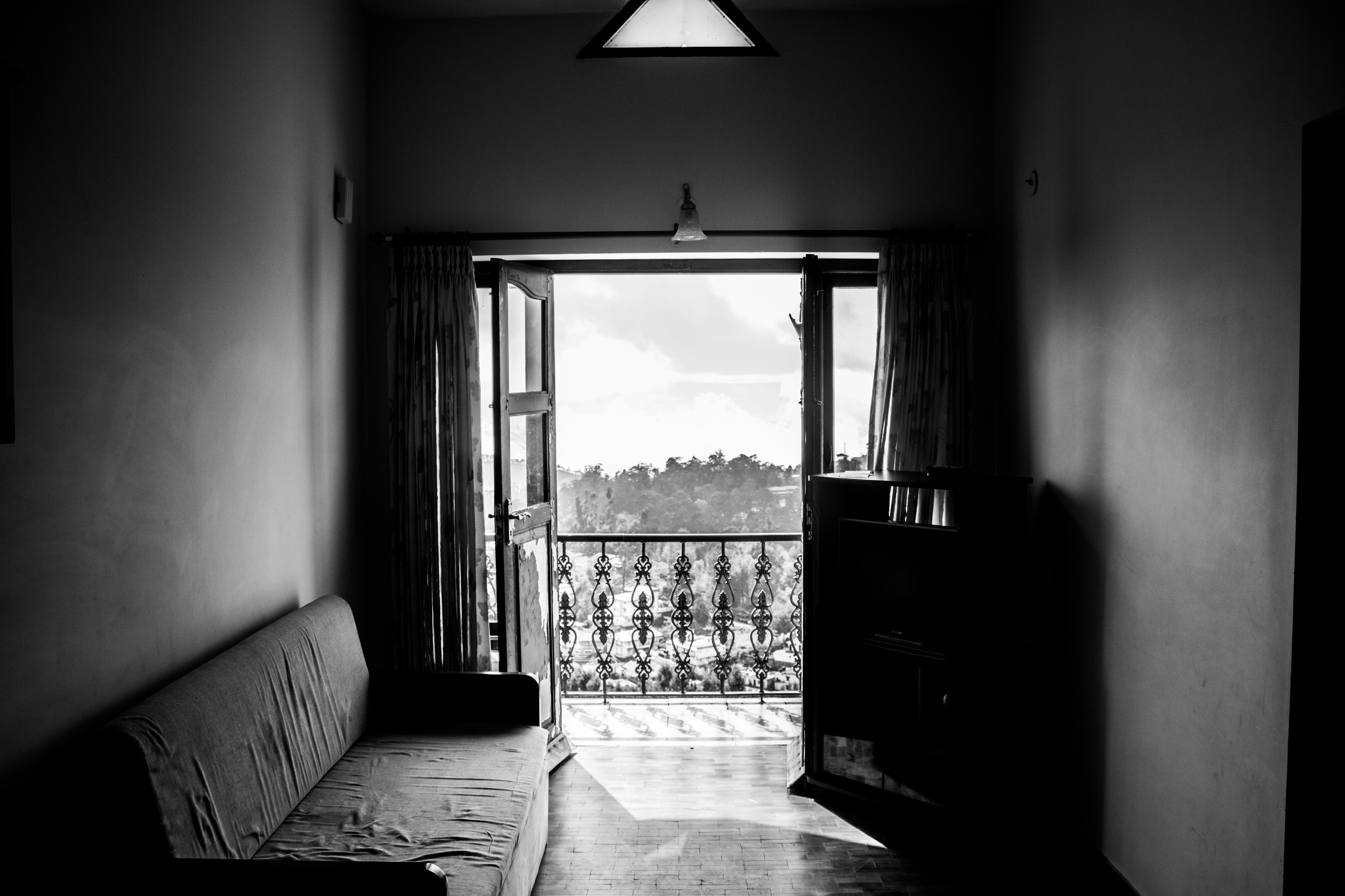 Black and white classic balcony view