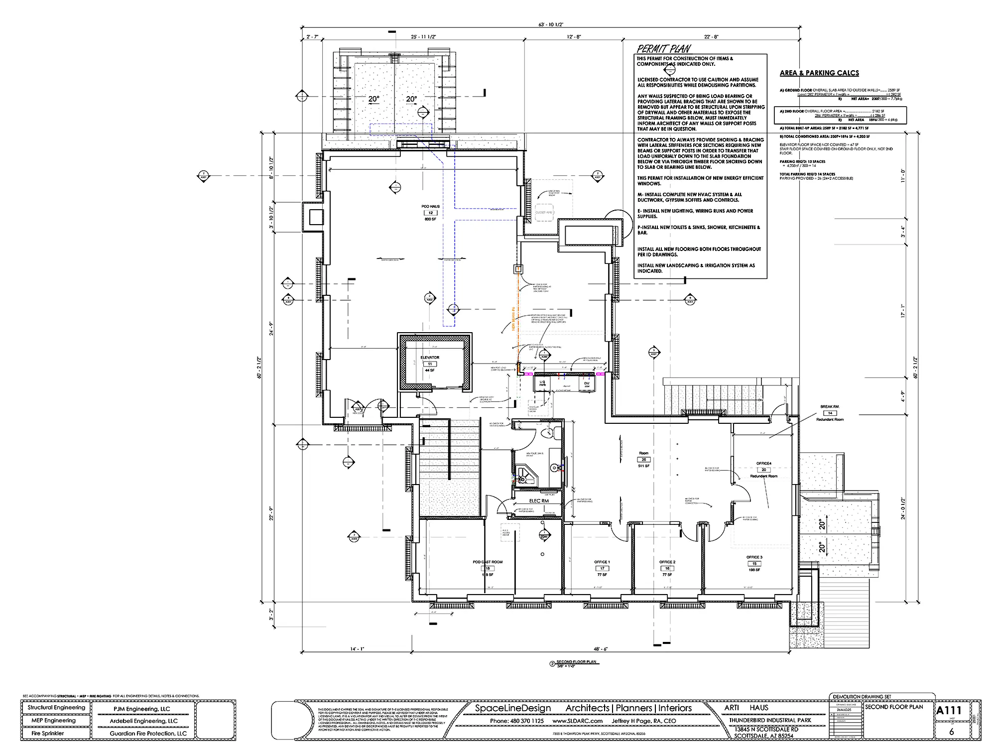 Architectural section & elevation drawing of existing Spanish Villa in Scottsdale by SpaceLineDesign Architects; luxury design.