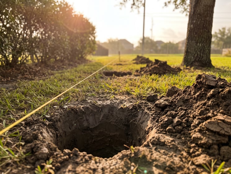A freshly augered post hole with the spoil piled beside it and a taut string line marking the fence run.