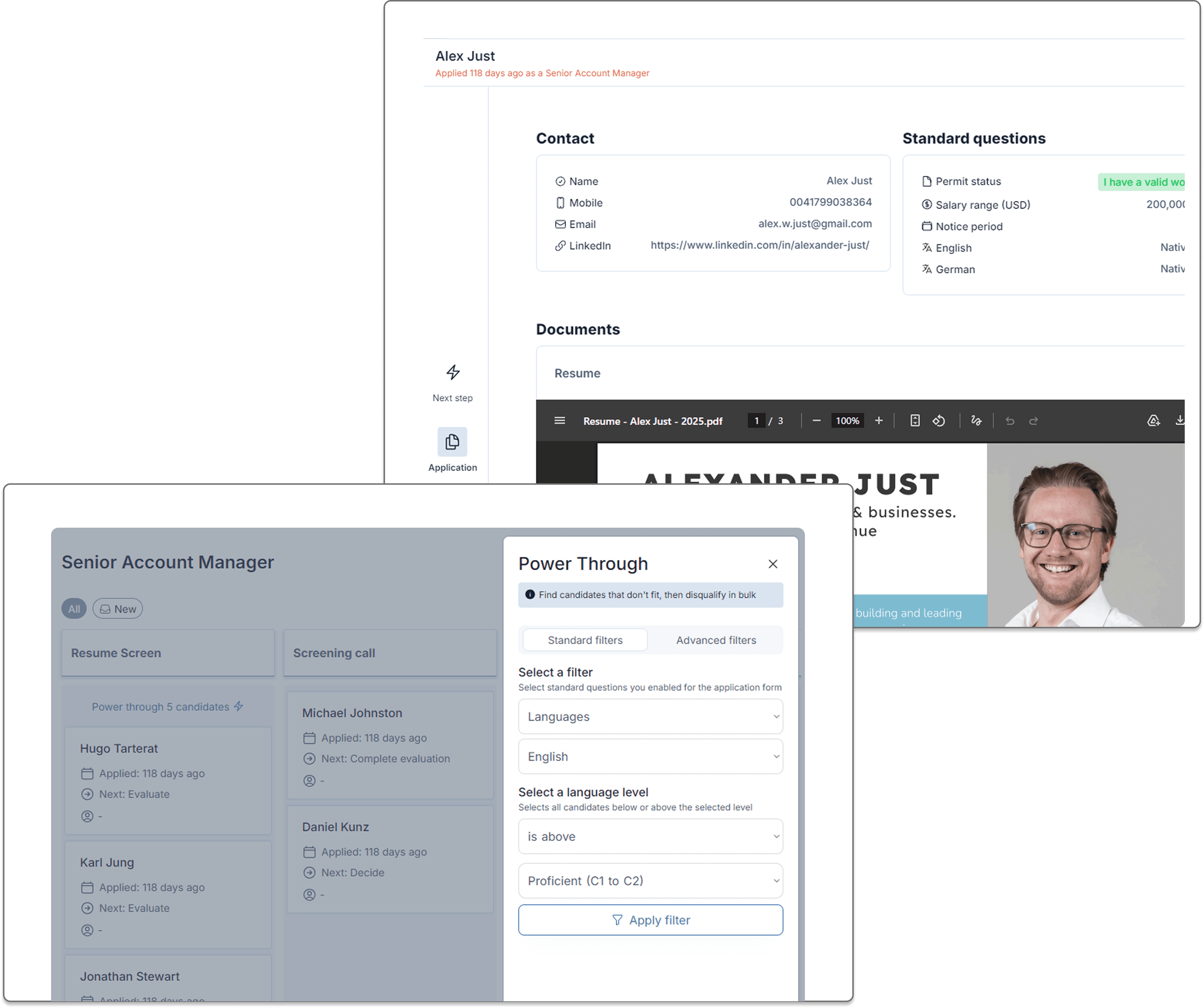 Screenshot of the oryx candidate profile and applicant tracking pipeline showing resume, contact details, and candidate filtering options