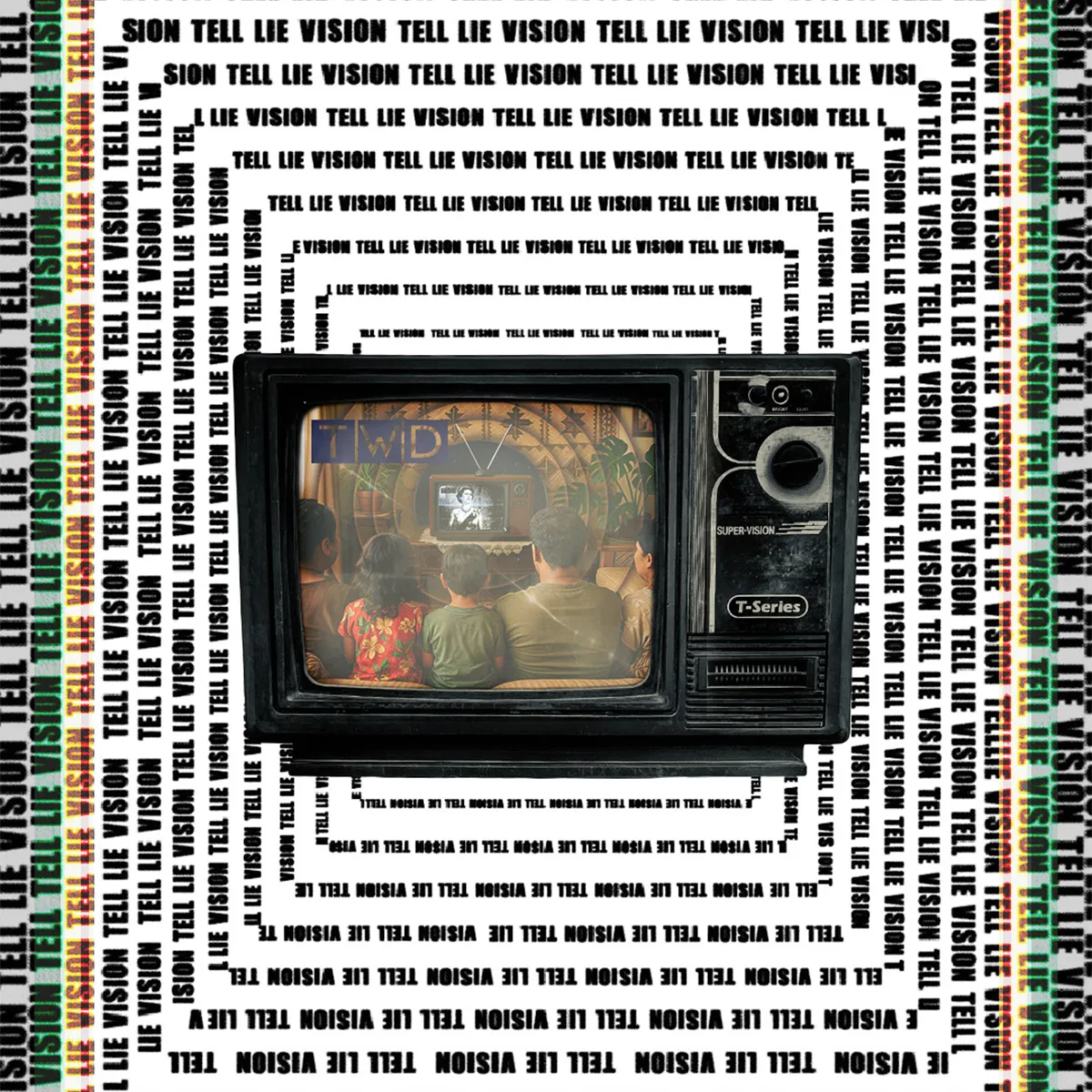 Tell Lie Vision Tonga poster. vintage TV with a family watching, framed by repeating typographic border.