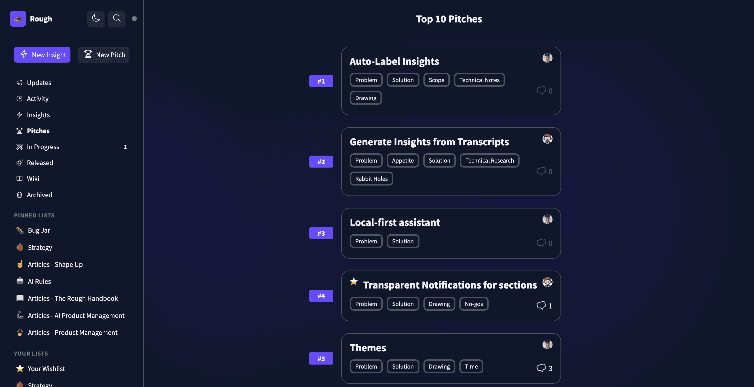 A screenshot of Rough, showing the AI composer adding labels to insights