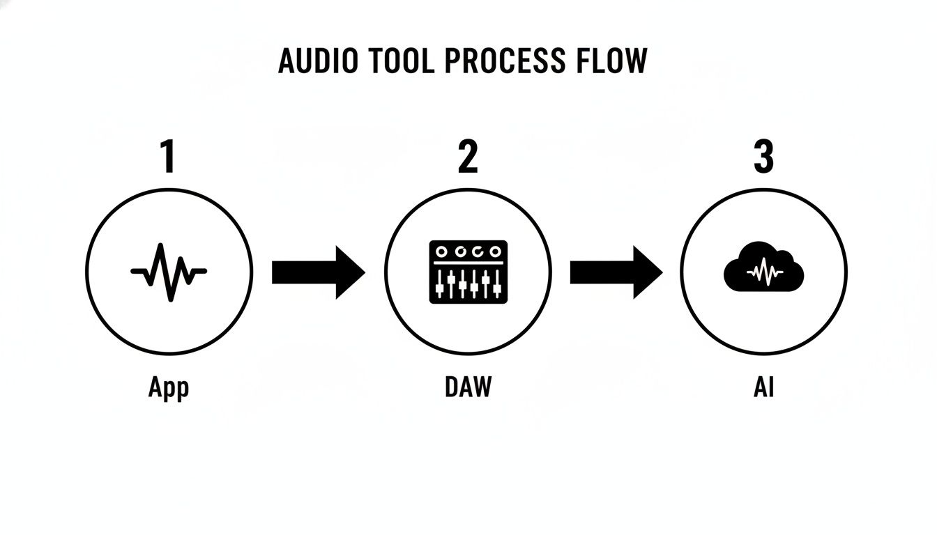 Flowchart illustrating the audio processing workflow from an app through a DAW to AI.