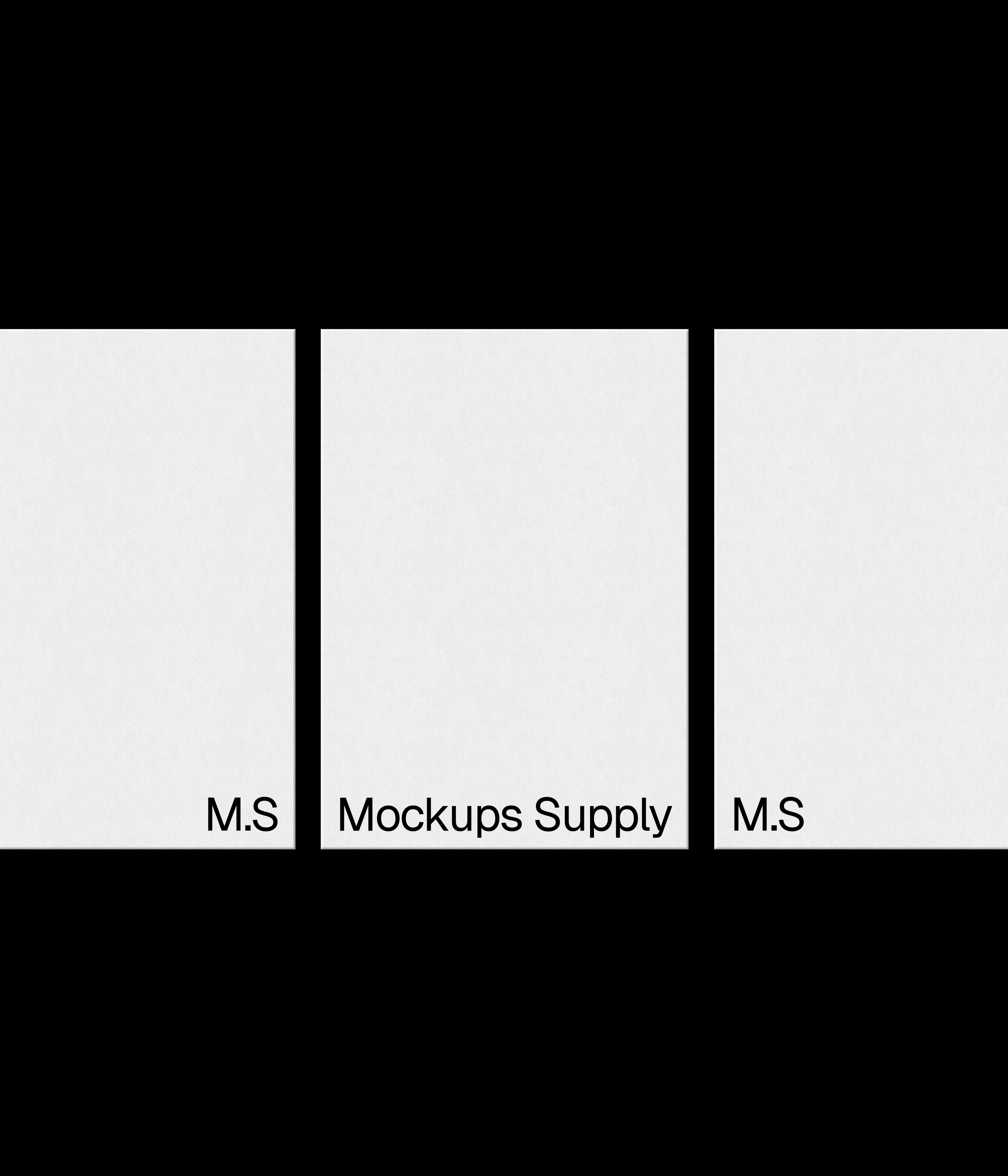 3 A5 paper mockup portrait in a row for Photoshop with debossed text effect, white papers on black background, clean minimal stationery and print branding mockup