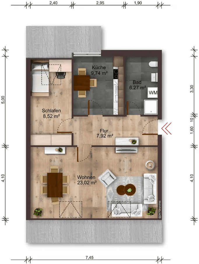 Grundriss einer 2-Zimmer-Dachgeschosswohnung mit Wohnzimmer, Schlafzimmer, separater Küche, Duschbad und zentralem Flur.