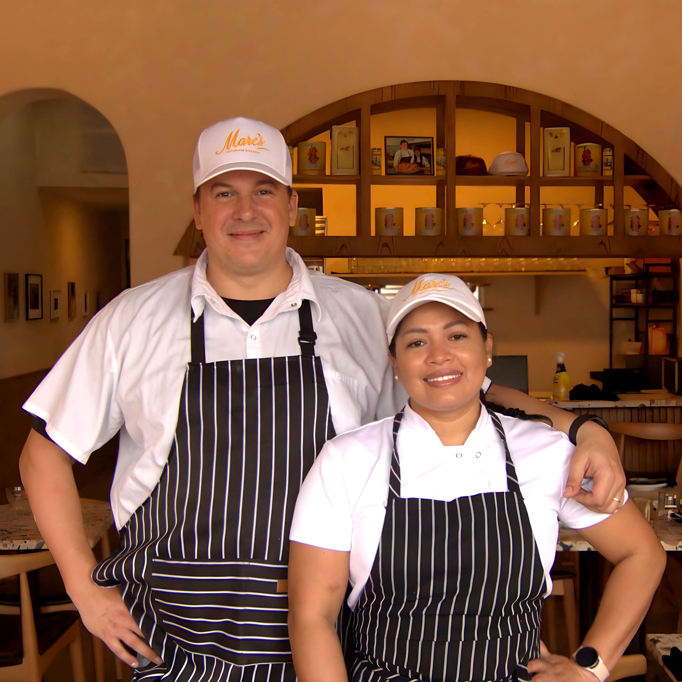 Owners Eric and Yeanny standing together in their restaurant, wearing striped aprons and white Marc’s caps, smiling at the camera.