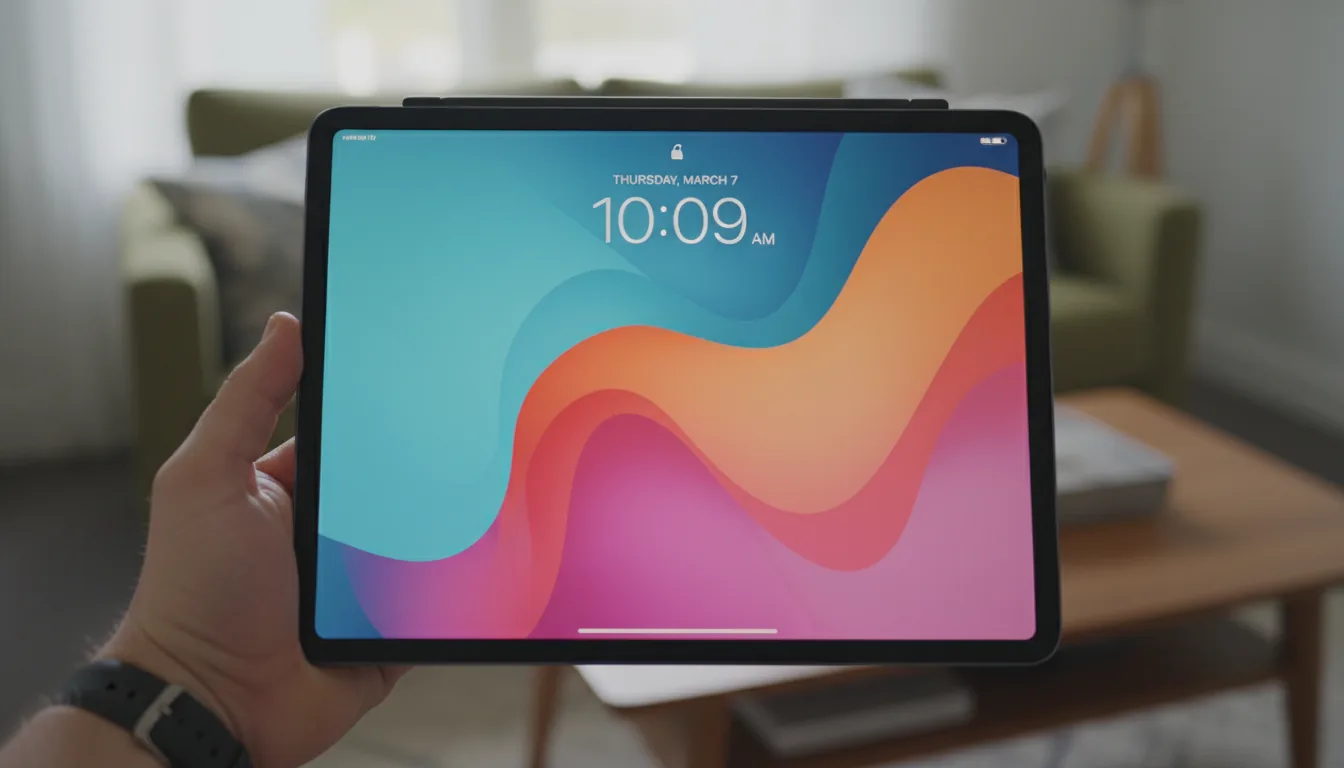 DSLR photograph from a first-person perspective, a hand holding a black Apple iPad Pro horizontally. The bright screen displays the iPadOS lock screen with a placeholder date and time, featuring a vibrant, colorful abstract wallpaper with smooth waves of teal, orange, and magenta. The scene is illuminated by soft, natural daylight from a window. The background is softly blurred with a shallow depth of field, showing an out-of-focus living room with an olive green couch. The focus is tack-sharp on the device and hand, with subtle reflections on the glass screen.