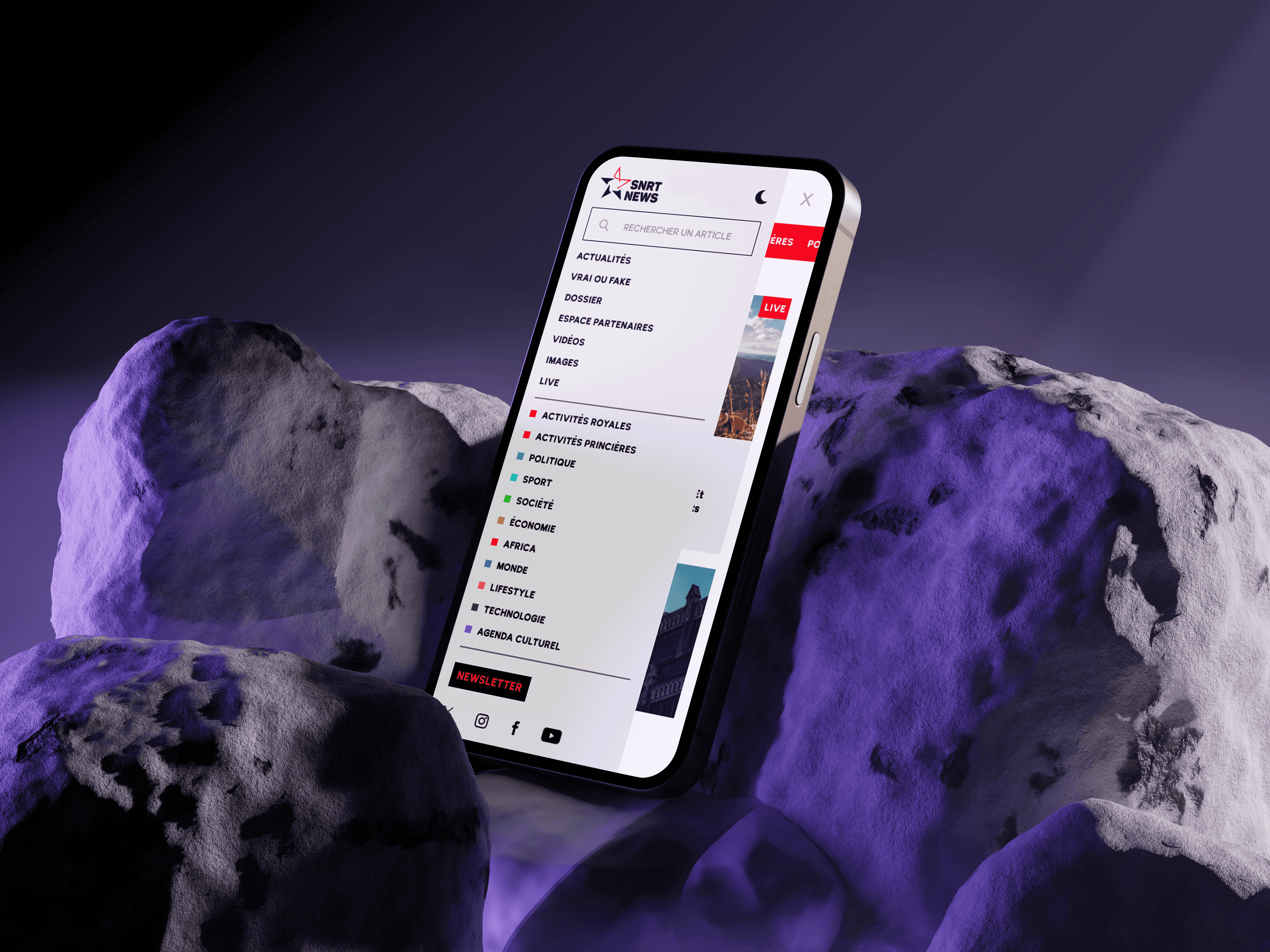 The responsive menu regroups navigation, categories, search, live, and social links — the full platform in your pocket.
