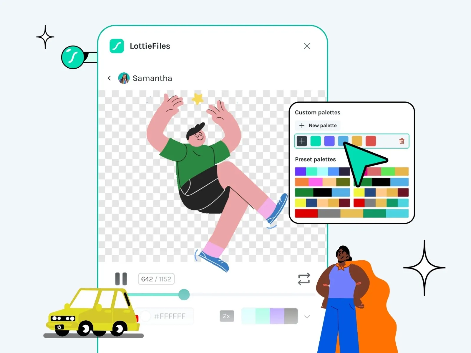 Animated character with color palette selection, alongside a yellow car.