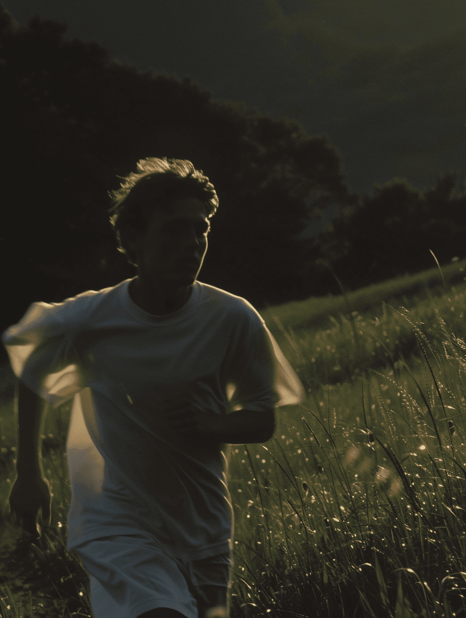 Person running in a field at sunset