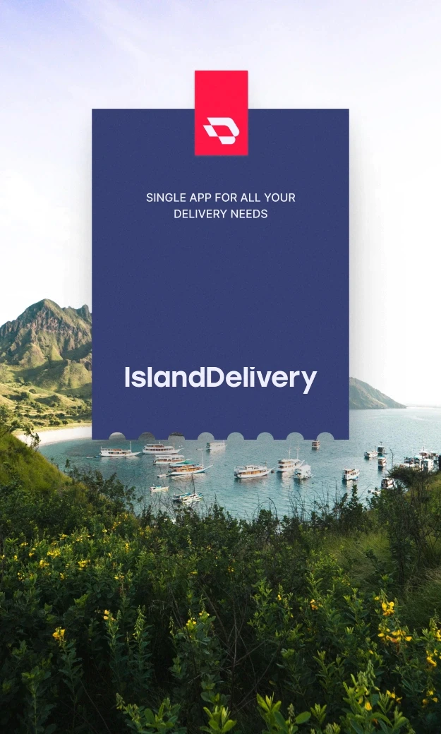 An advertisement for "IslandDelivery" with a scenic backdrop of lush green hills and a serene bay filled with small boats. The center of the image features a large blue rectangular card with the red "IslandDelivery" logo at the top. Below the logo, the text reads, "Single app for all your delivery needs" and "IslandDelivery" in white font. The overall design suggests the app's broad range of delivery services, seamlessly blending technology with the natural beauty of an island setting.