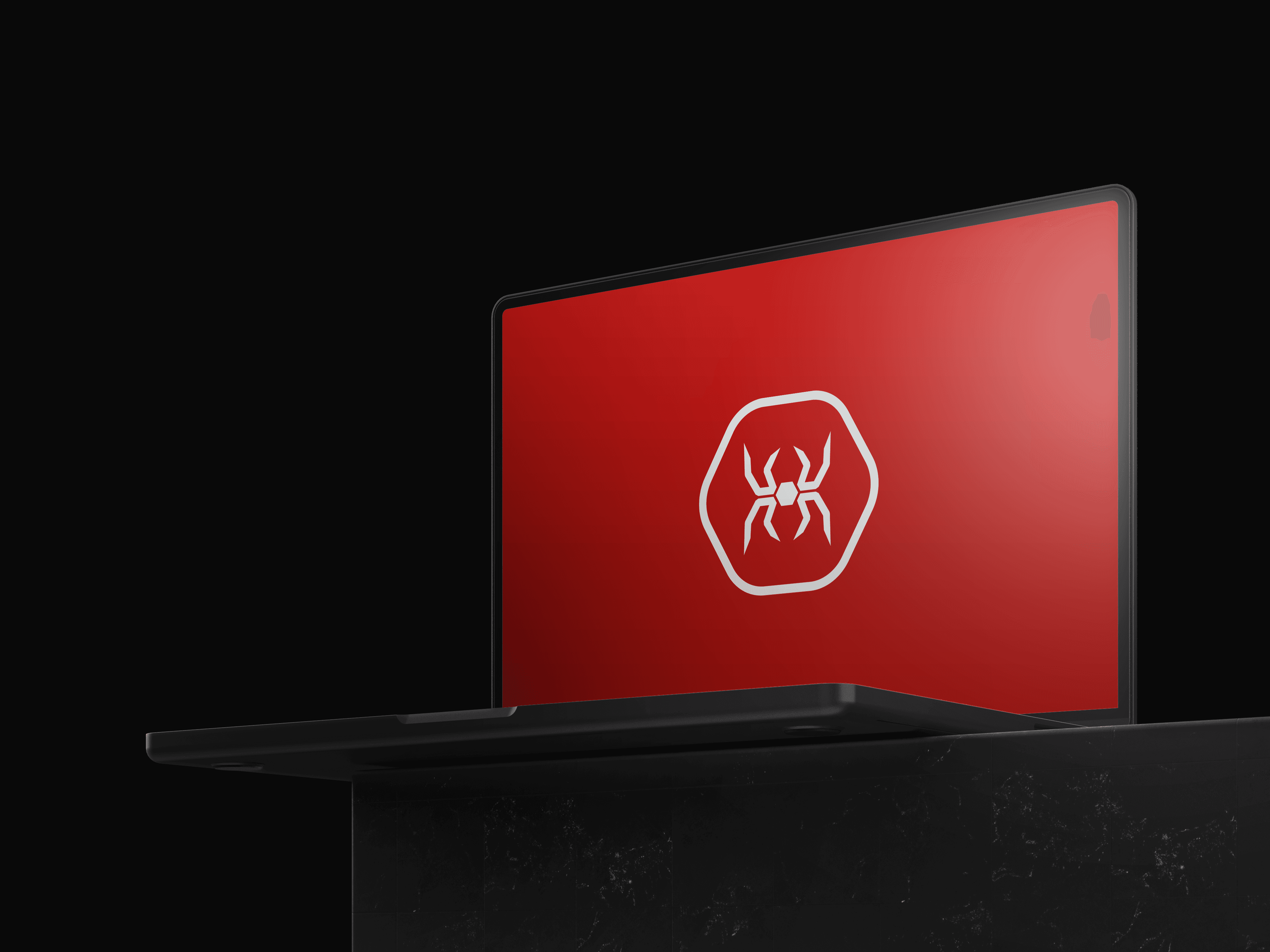 A laptop with a black mass emblem on it