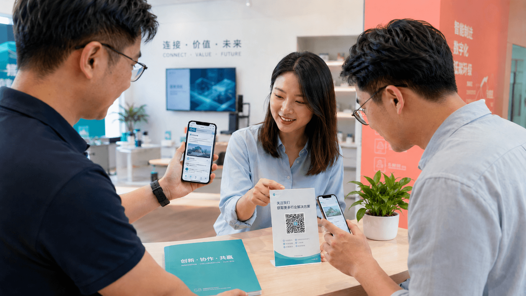 Hand holding a smartphone showing WeChat, WeCom, Rednote, and Douyin app icons against a modern Chinese city skyline.