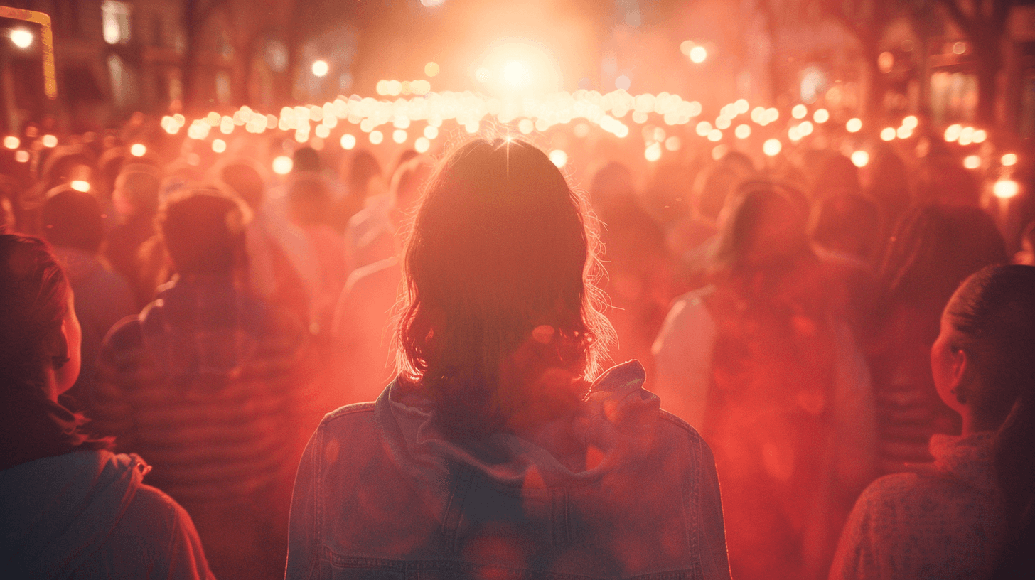 a massive crowd of identical faceless followers forming a number counter, while one small engaged group stands apart, metaphor for quantity vs quality