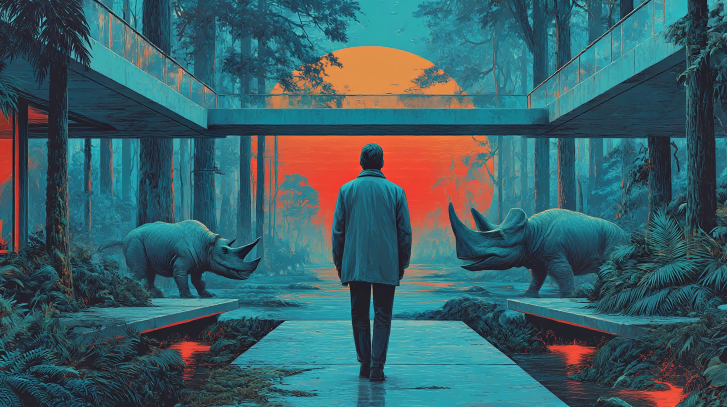 A lone creative walks a forest path beneath a rising sun and monorail — the soul of the system, alive inside its own creation.